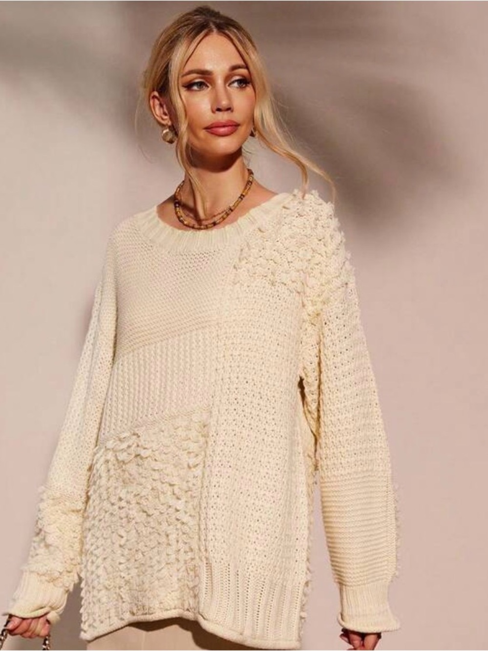 NWOT 3X Cozy Casual Cream Patchwork Textured Knit Sweater